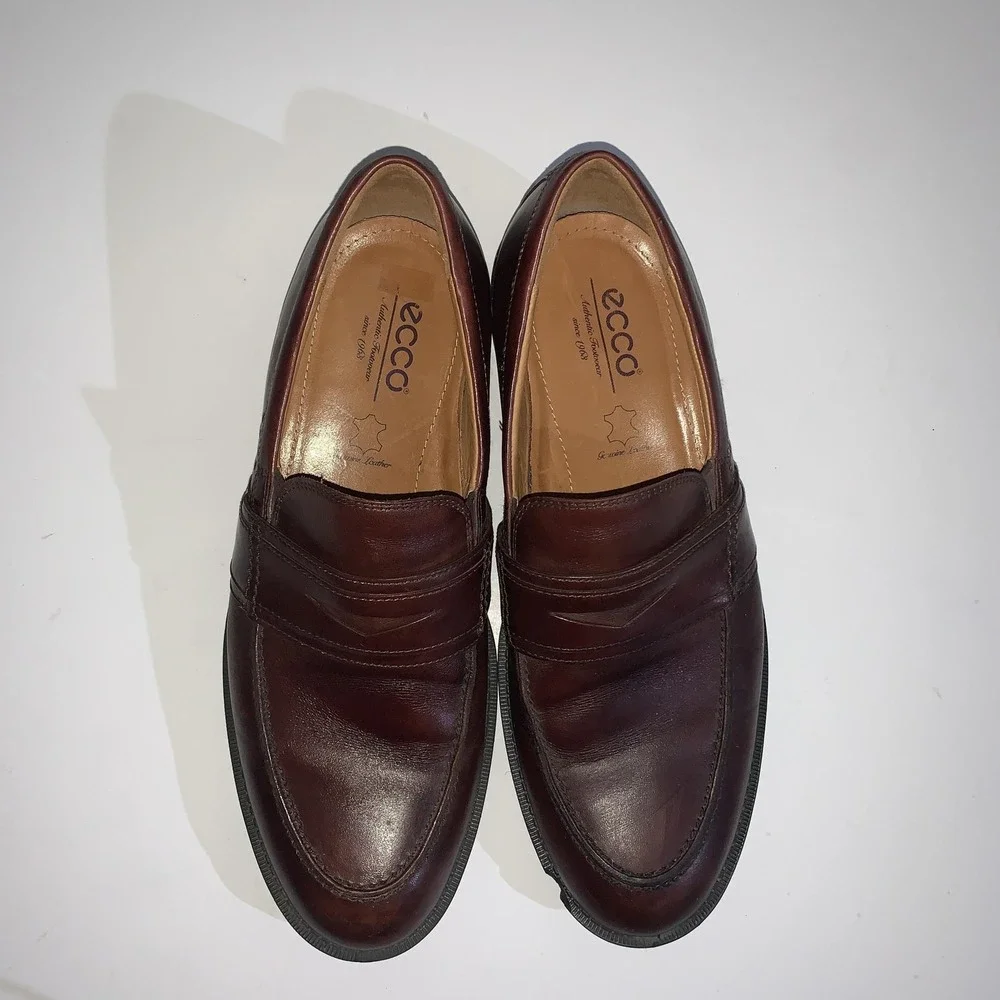 ECCO Penny Loafers Shoes Mens Size 9-9.5 EU 43 Brown Leather Slip On Dress 43663